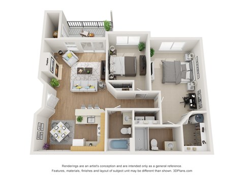 Floor plan for 2 beds, 2 baths, 955 sqft